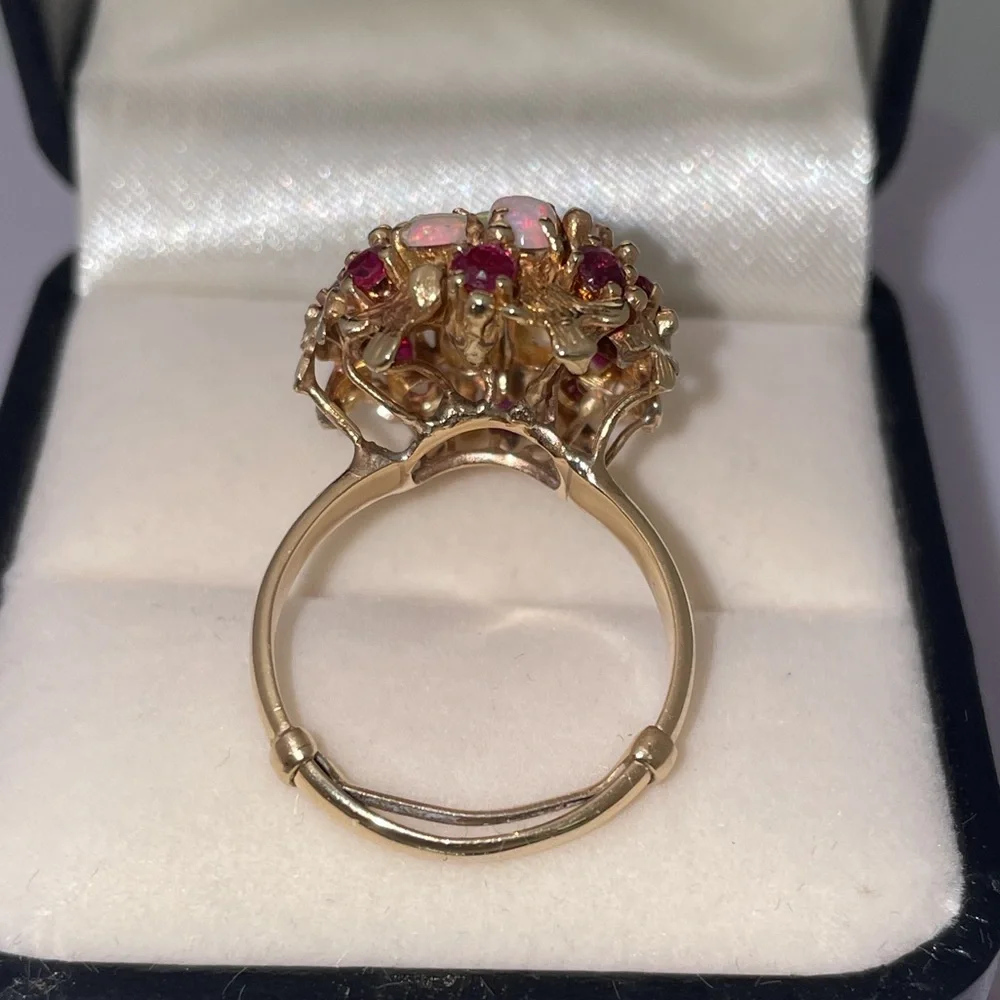 Solid Real 14K Yellow Gold Leaves Opal Ruby Bold Statement Ring Vintage Antique